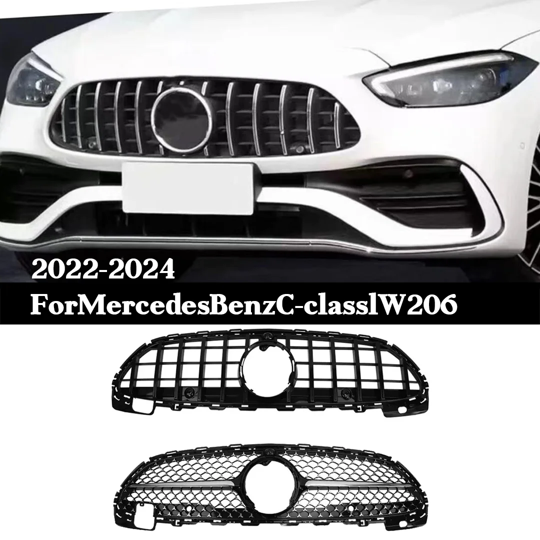 

For Mercedes Benz C-Class W206 2022-2024, Front Bumper Upper Grill, Glossy Black & Red BRS Style Diamond Mesh Grille