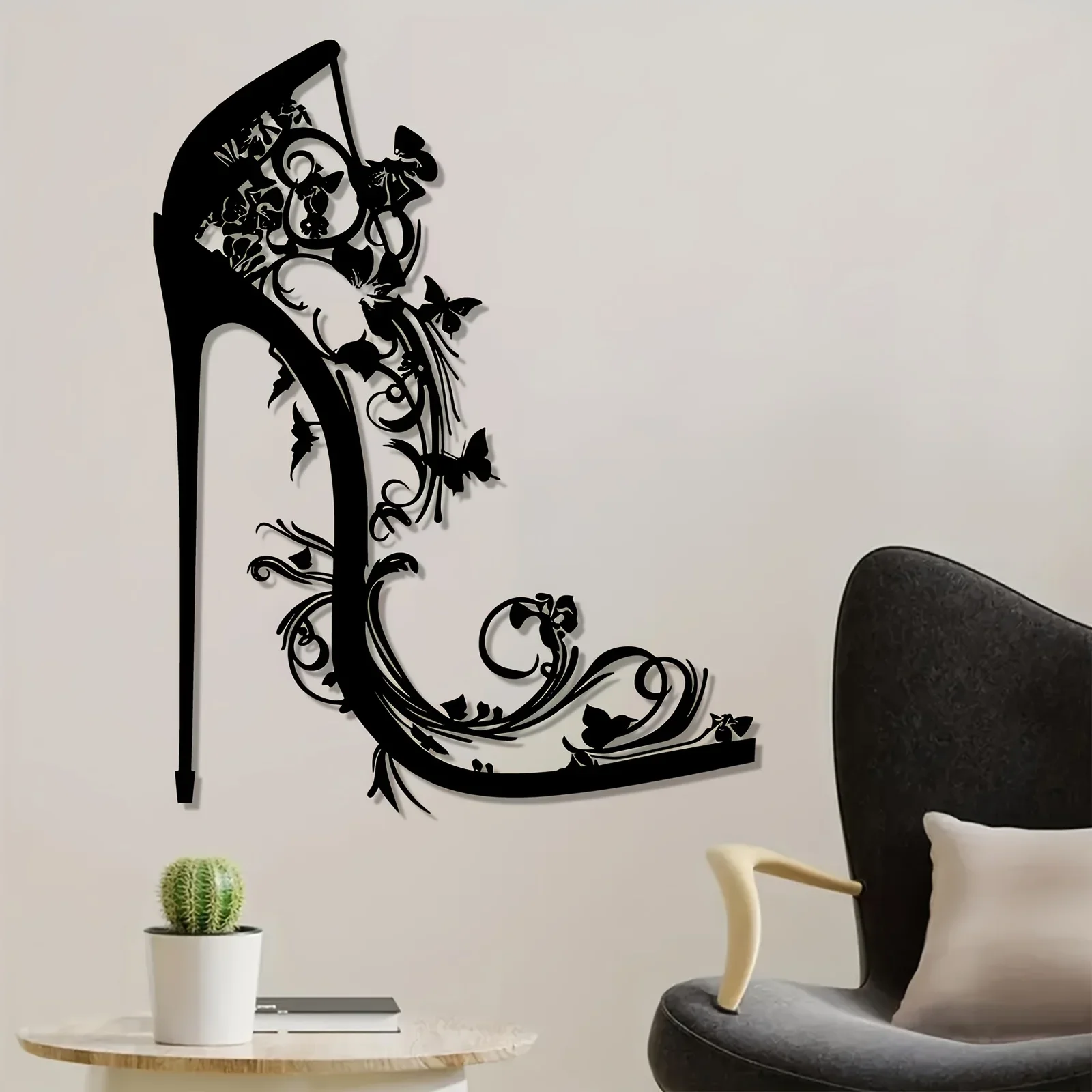 CIFBUY Metal High Heel Shoe Wall Art,2D Flat Cutout Floral High Heels Silhouette Metal Wall Hanging,Elegant Fashion Home Decor