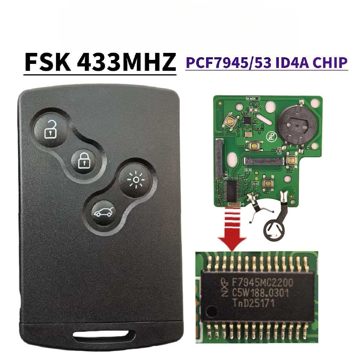 Jingxin 4-Tasten schlüssellose Fernbedienung Autoschlüssel-PCB-Platine Gehäuse für Renault Koleos Clio4 Captur Smart Card ID4A PCF7945/7953 Chip 433Mhz – Detail 1