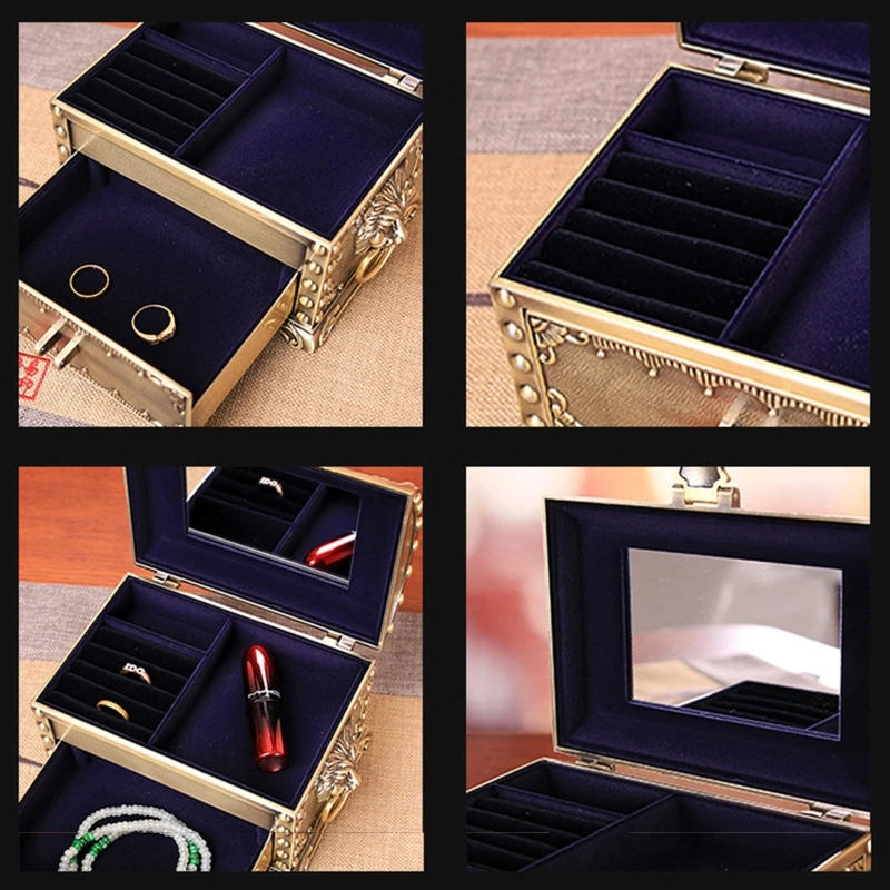 Metal Jewelry Storage Box with Drawer and Lock Vintage Holder for Earring Ring Necklace Bracelet Makeup Drop shipping