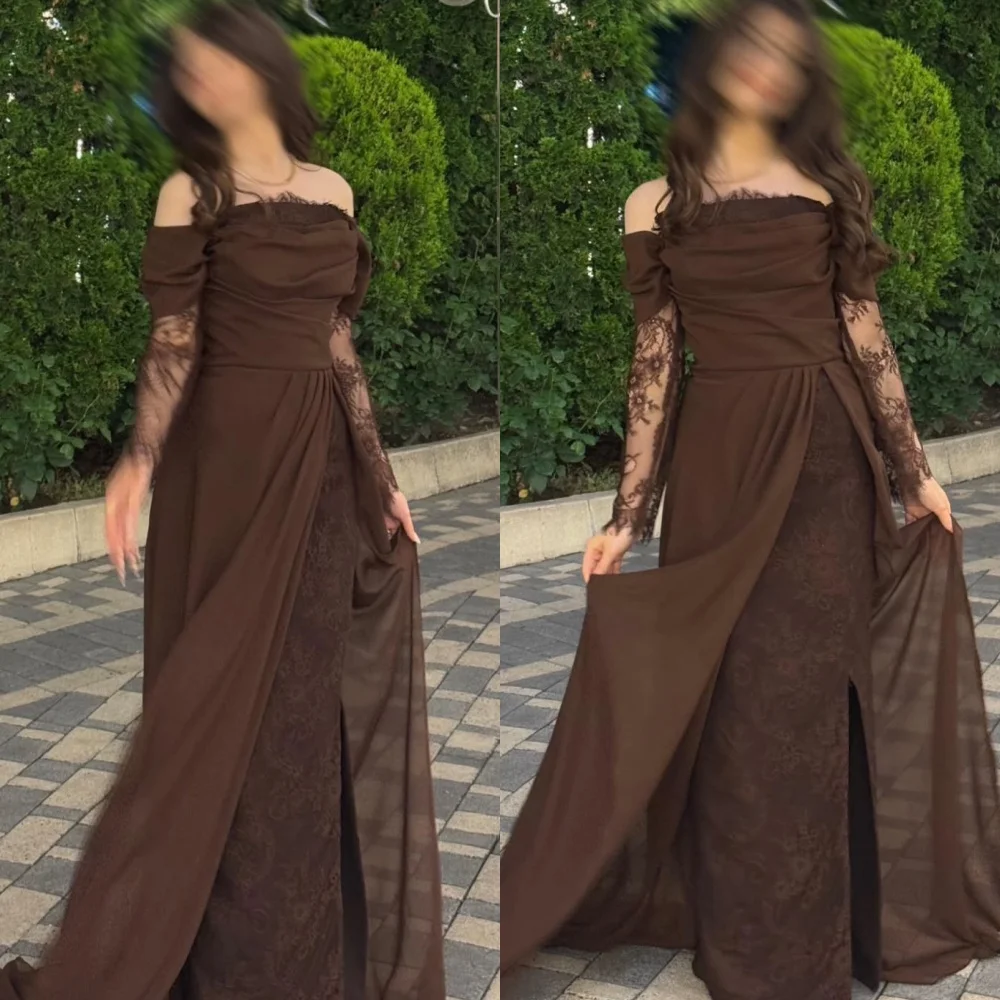 

Customized Exquisite Off the Shoulder Long Sleeves Evening Dress Temperament Chapel Train Prom Dresses Delicate Lace Party Gowns