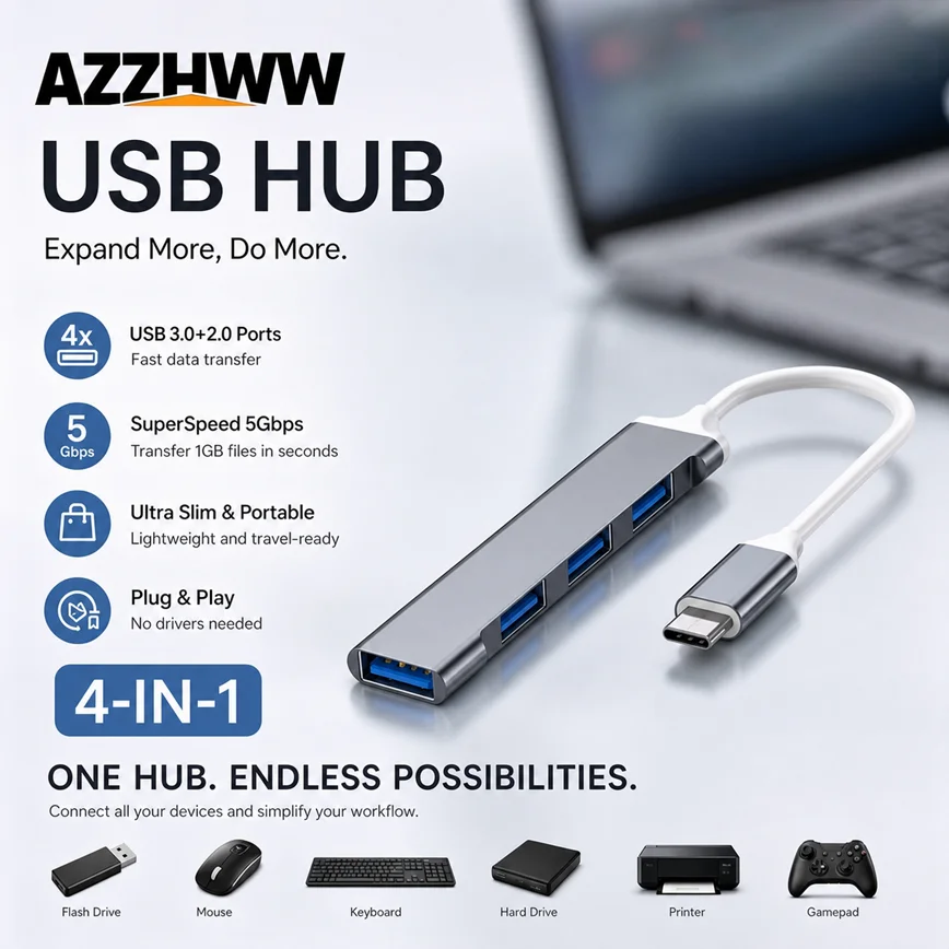 4 Ports USB Hub USB 3.0 2.0 Splitter Expander Type-C HUB for Mouse Keyboard Flash Drive U Disk Laptop Desktop PC Accessories