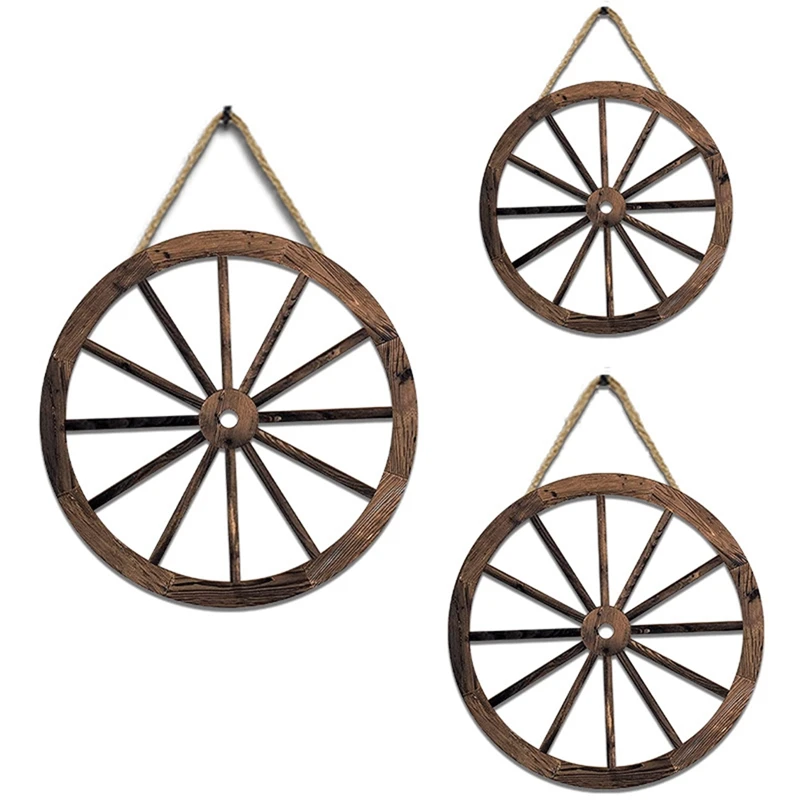 

3Pcs Wooden Wagon Wheel Wall Hanging Rustic Garden Wall Art Vintage Hanging For Home Garage Wheel Shaped Pendant Decor