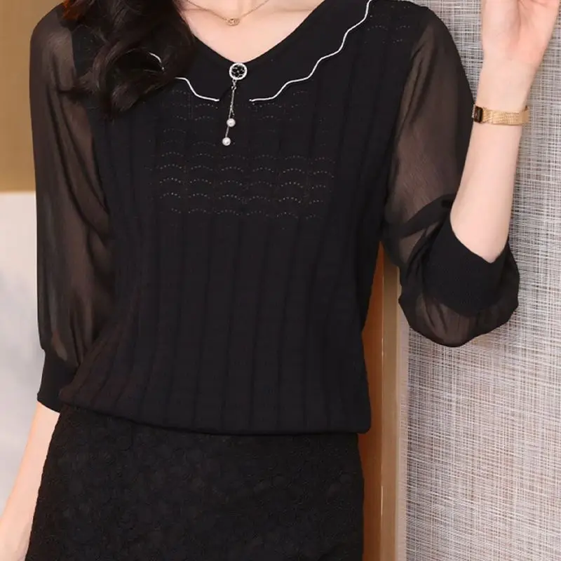 Summer New Women\'s Elegant Commuter Knitted Spliced Pullovers T-shirt Loose Korean Round Neck Fashion Gauze Half Sleeve Tops