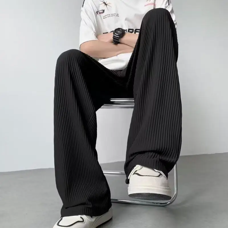 Male Baggy Summer Straight Ice Silk Casual Pants Men High Waist Pleated Long Trousers Thin Sport Wide leg Sweatpants  Clothing