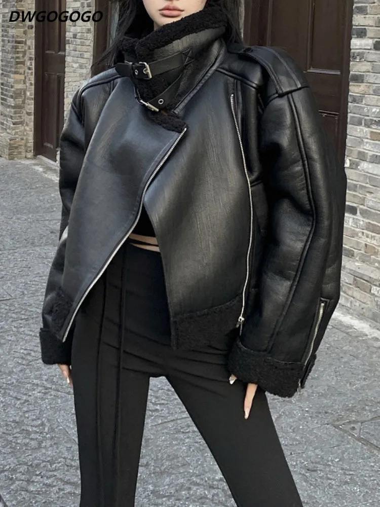 Warm Women Faux Fur Jacket with Belt Streetwear Female Moto Biker Loose Thick Coat Fashion Autumn Winter Outwear