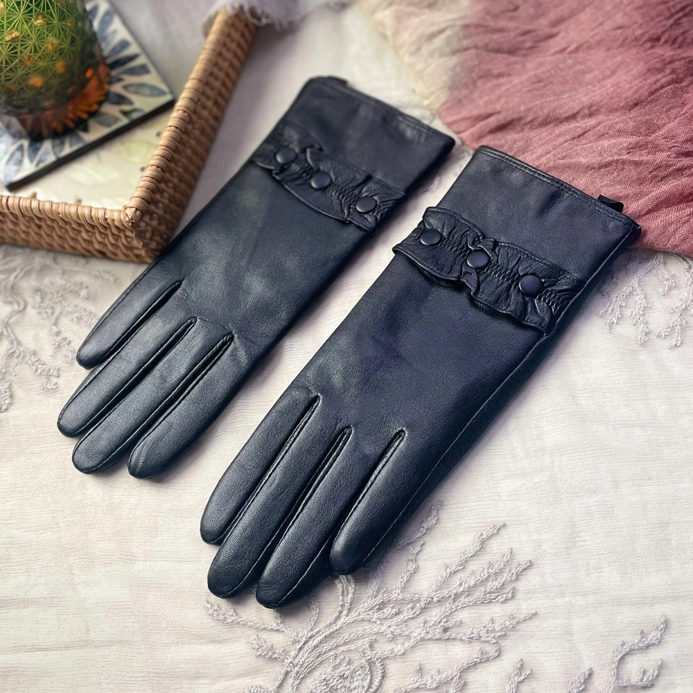 GOURS Winter Real Leather Gloves Women Black Genuine Goatskin Gloves Fashion Fleece Lining Warm Soft Fashion Button New GSL034