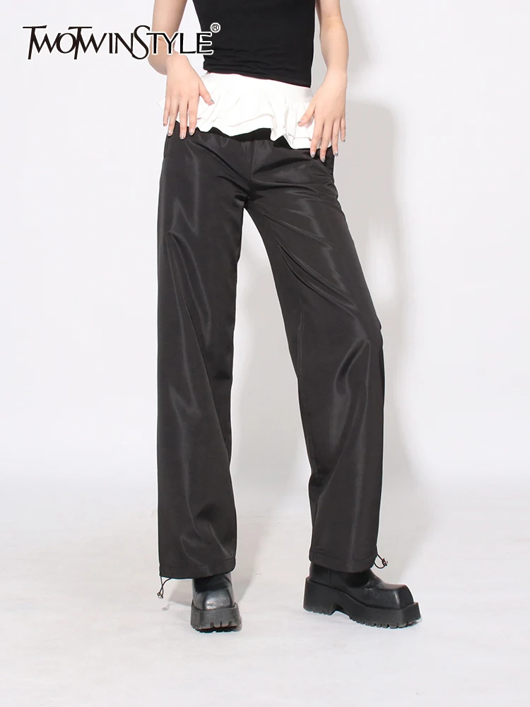 

TWOTWINSTYLE Chic Two Piece Set For Women High Waist Patchwork Pocket Straight Pant Mini Skirt Streetwear Sets Female Fashion