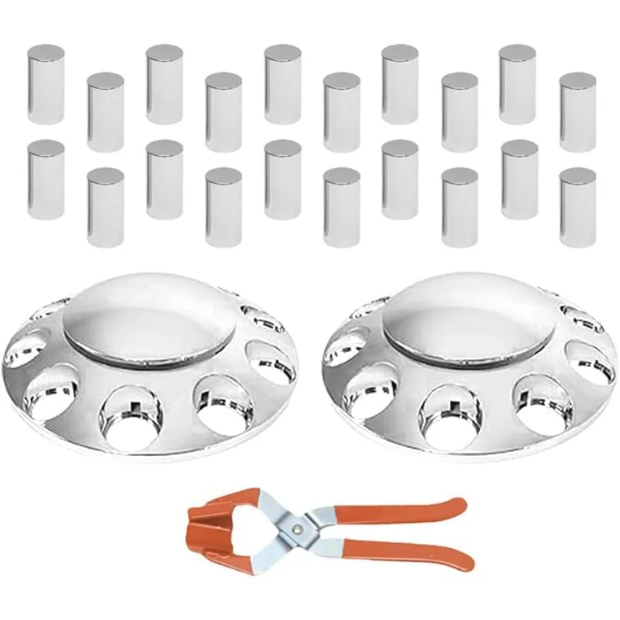 セミトラック用33mmクロームフロントアクスルホイールカバーセット、ABSプラスチック製ホイールハブキャップ、ネジ式ラグナットカバー付き、フロントアクスルホイール2個用