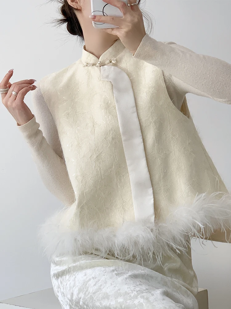 

WTT новый китайский Sle осенне-зимний национальный Sle с вышивкой страусиных перьев Du пуховый жилет Jaet oulder Pad Base irt