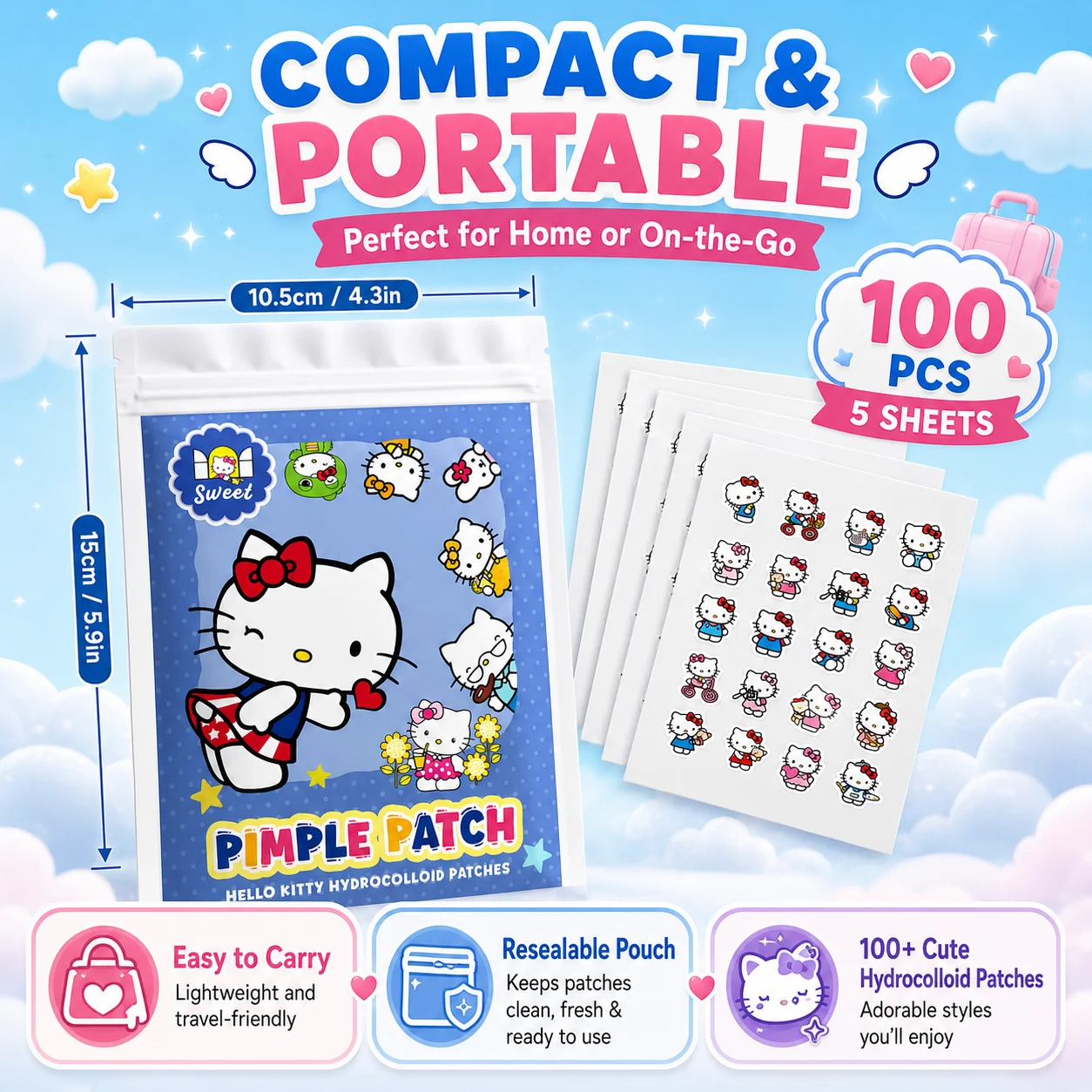 100PCS hello kitty Acne patches, facial acne patches, hydrogel acne removal patches, concealer