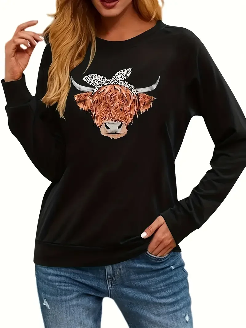 

Cattle Print Sweatshirt, Casual Long Sleeve Crew Neck Sweatshirt For Spring & Fall, Women's Clothing