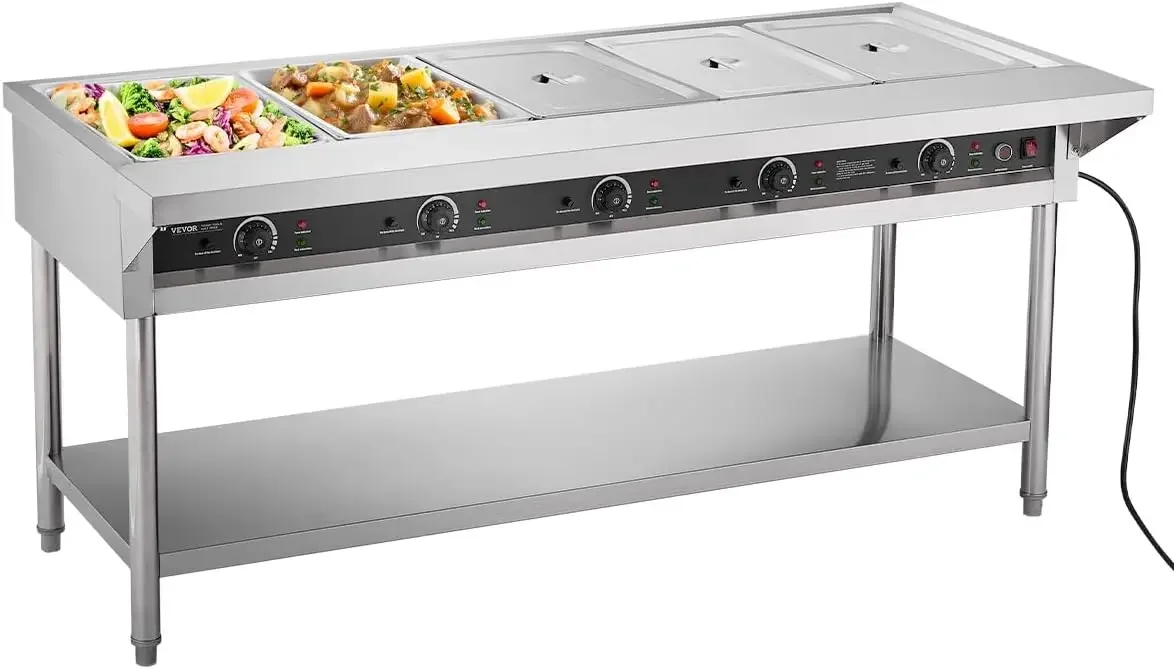 5 Pan Commercial Food Warmer Electric Steam Table with Independent Temperature Control 750W x 5 Stainless Steel Buffet