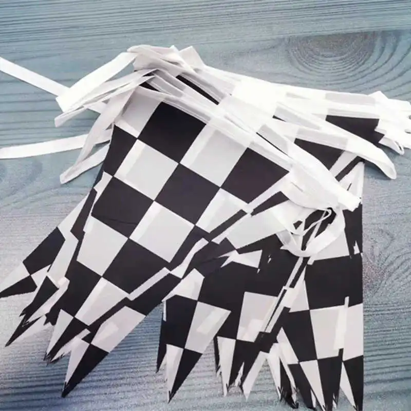 38 Triangle Checkered Flag Auto Race F1 Sport 14x21cm Polyester Black White Chequered Hang String Pennant Flags Bunting Banners