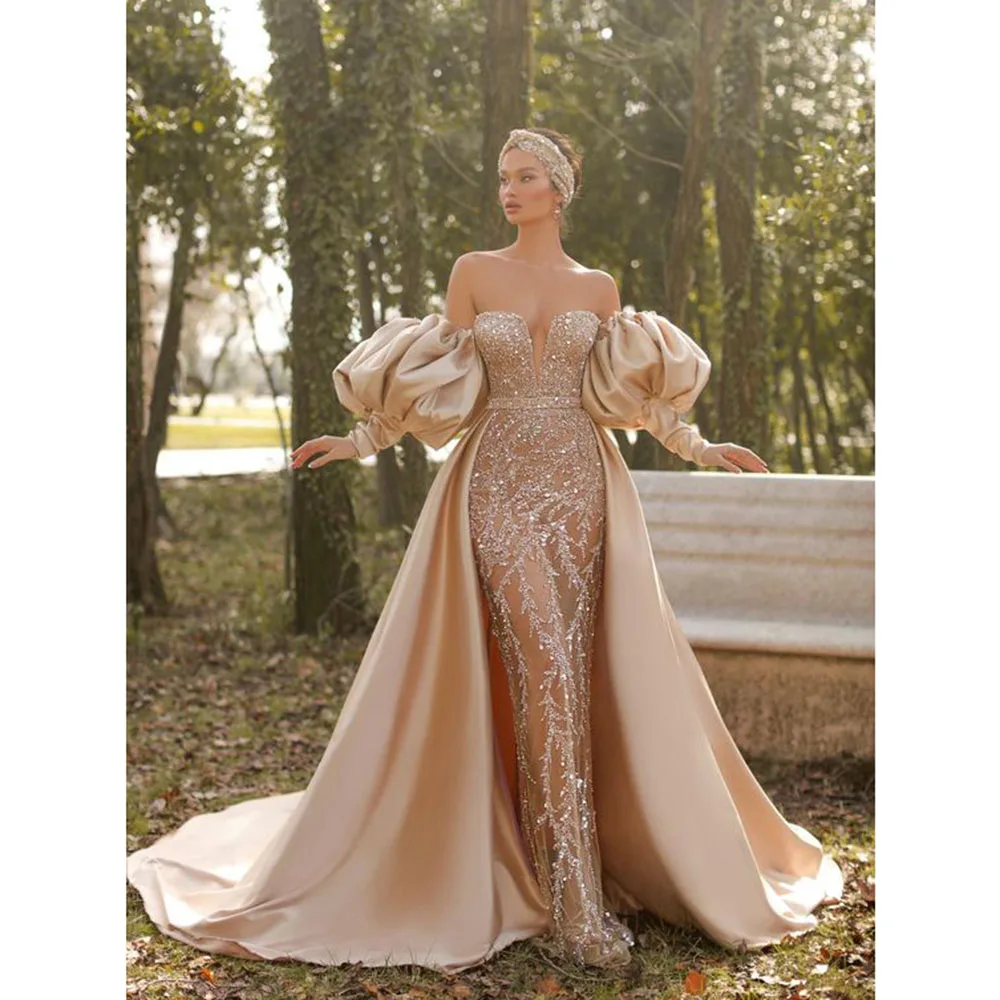 New Arrival Autumn Luxury Shiny Champagne Evening Party Dresses Sweetheart Slim Fit High Quality Elegant Smart Women Prom Gowns