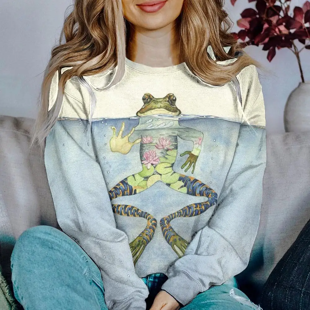 

Vintage Cartoon Frog Print Women's Sweatshirts Funny Graphic Hoodies Women Clothing Long Sleeve Oversized Top Casual Shirt