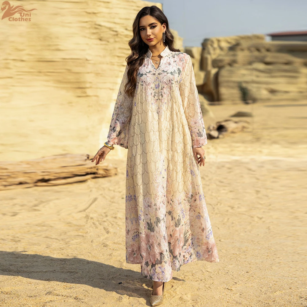 Uni dubaï impression florale luxe femme soirée Maxi robe Abaya longues robes modestes femmes 2025
