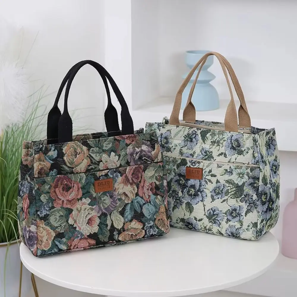 Bolso de mano portátil con estampado Floral para mujer, bolsa de almuerzo de lona gruesa con cremallera, bolso Jacquard de gran capacidad