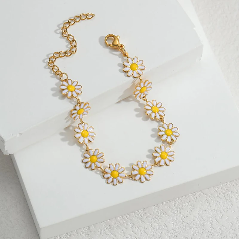 Trendy Fashion Daisy Bracelet Imitation Pearl Gold-Plated Beads For Women Baby Stainless Steel Handmade Bangle Jewelry Gifts