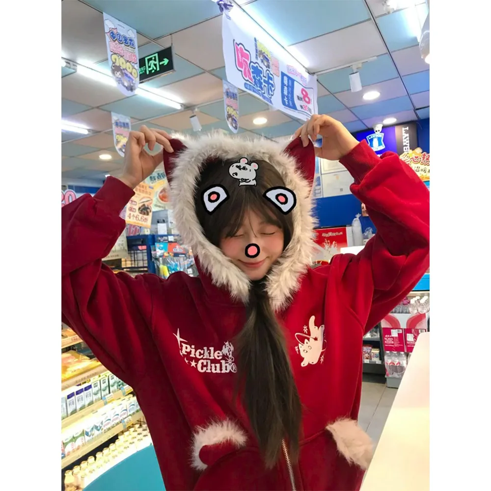 

Женская свободная толстовка с ушками, осенне-зимняя теплая толстовка с принтом, длинное пальто, корейская повседневная одежда для поездок на работу