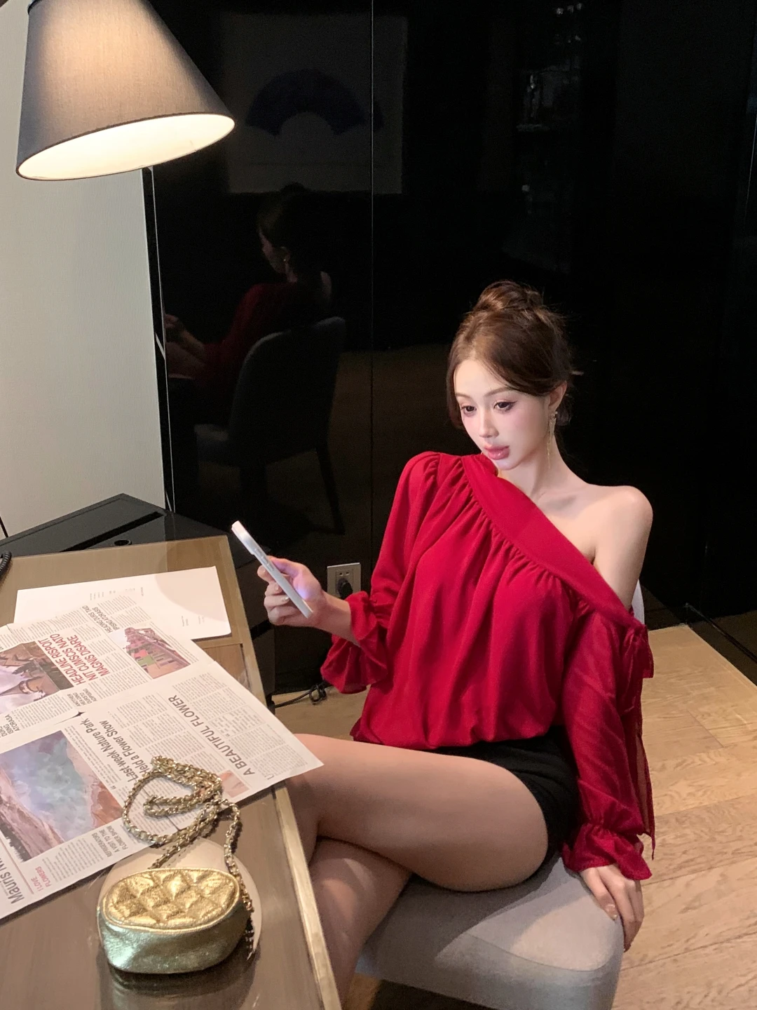 

Crimson One Shoulder Shirt Women Asymmetric Lacing Draped Silhouette Autumn Effortless Elegance Clean Girl Aesthetic ElevateBasi