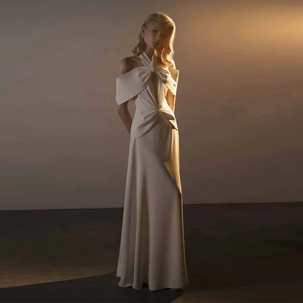 2025 Modern Wedding Dresses Crepe Fabric Sheath/Column Wedding Party Dresses Ivory Off-the-shoulder Ruched Wedding Guest Dresses