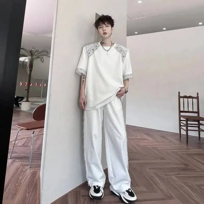 Summer Two Men's Pieces Set Tweed Patchwork Design Short Sleeve T-Shirt And Loose Wide Leg Long Pants Casual Sets OF7V view 4