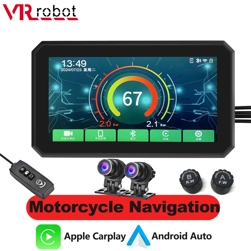 VR Robot Dual Bluetooth Motorcycle CarPlay Android Auto 5inch Wireless Navigation With handlebar Controller Moto Camera Recorder