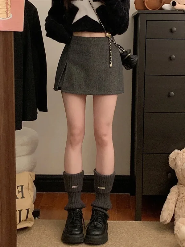

High Waist A-Line Skirt with Side Slit for Women plus Size Korean Sle Woolen Skirt Slimming Long Legs Autumn Winter