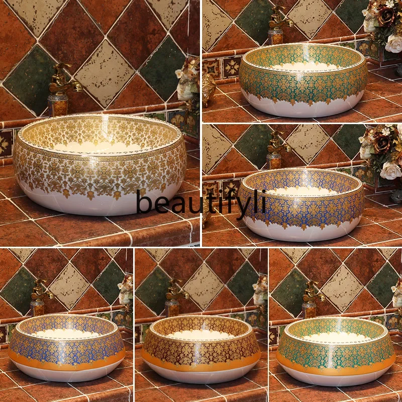 

ss Европейская художественная настольная раковина, круглая керамическая раковина для ванной комнаты