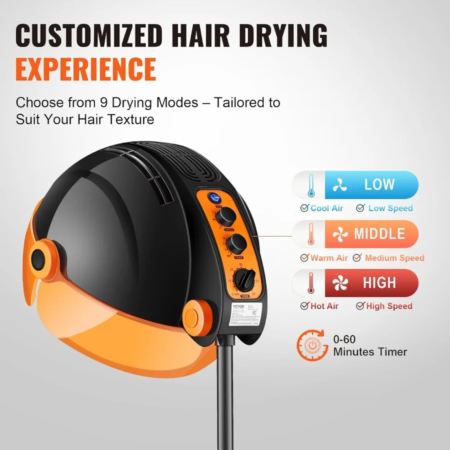 Asciugacapelli ionico con cappuccio con regolazione variabile della velocità e della temperatura 1875 W per salone di bellezza e spa domestici Design nero con spirito