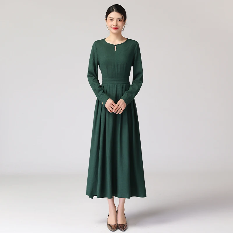 

2026Vintage Pleated Linen Dress with round Neck And Long Sleeves Slim Fit Breathable Comfort Women's Casual Midi Dress