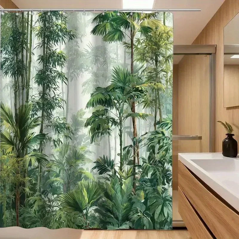 VIKAMA Tropical Rainforest Shower Curtain Green Bamboo Palm Leaf Jungle Print Waterproof Fabric Bathroom Decor Curtain