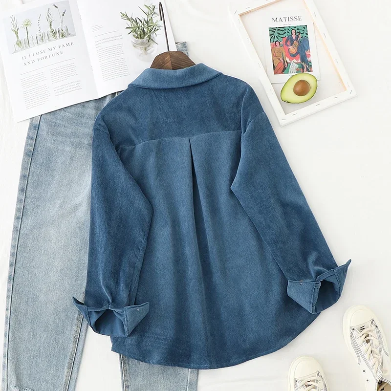 Mabrasion wear corduroy shirt female Spring and autumn design sense harbor wind lady solid color shirt loose