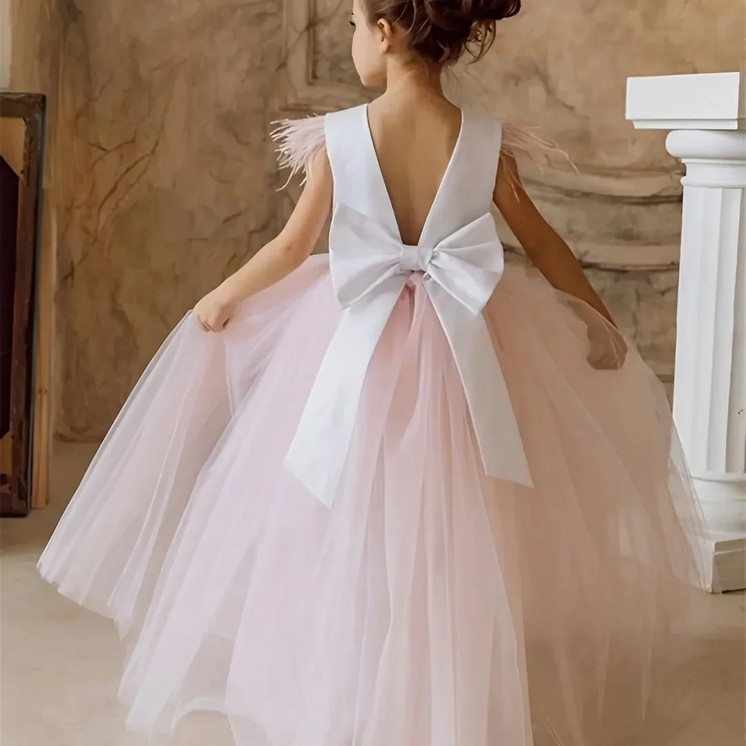 

Flower Girl Dress Tulle Elegance A Line Sleeveless Bow Tutu Baby Girl Princess Wedding Birthday Party First Communion Dress