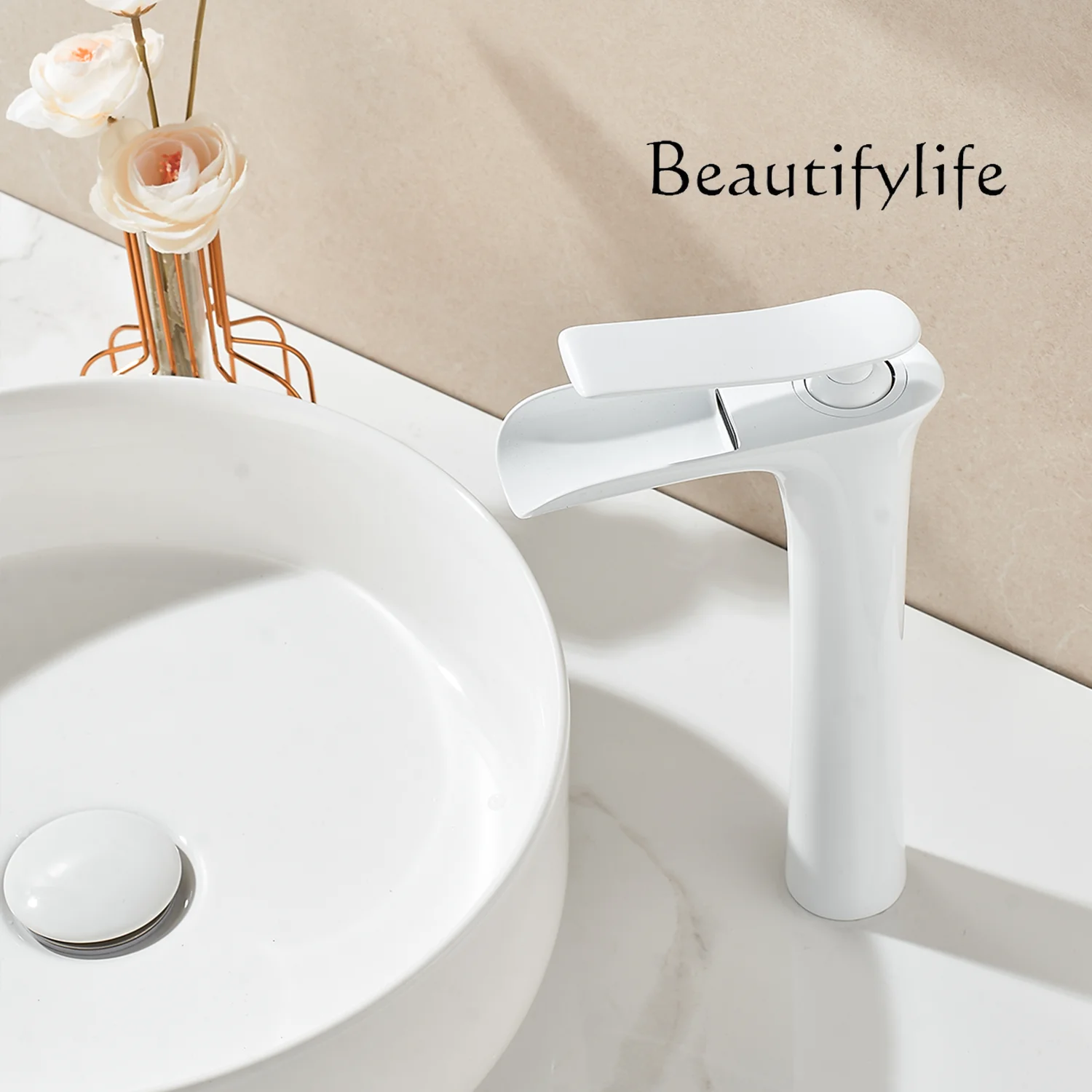 Creamy wind white creative minimalist all copper waterfall faucet toilet bathroom wash basin hot and cold faucet