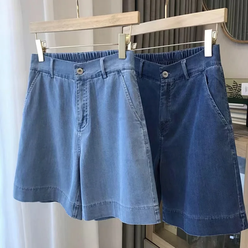 

2024 Women's Summer Fashion Thin Loose Short Pants Female High Waist Denim Shorts Ladies Solid Color Wide Leg Shorts L129