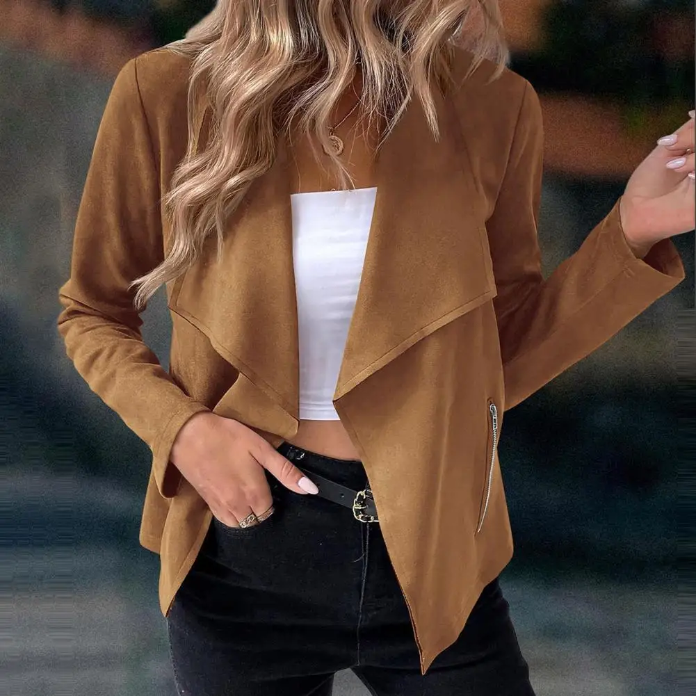 

Women Jacket Loose Zipper Lapel Vintage Women Coat Faux Suede Open Stitch Long Sleeve Smooth Windproof Lady Coat