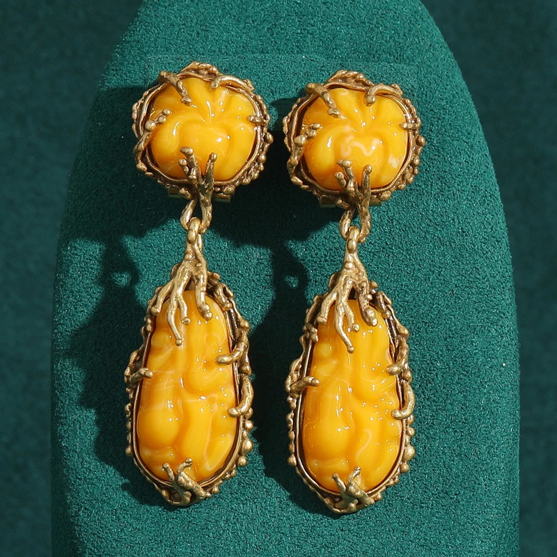 

Long Water Drop Earrings Yellow Honey Wax Irregular Texture New Natural Stone Vintage Antique Jewelry for Women Accessories 2025