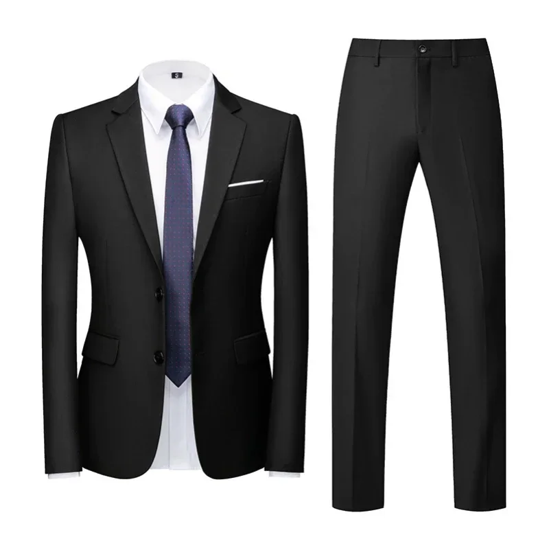 

6XL Suit (Blazer+Pants) Fashion Business Casual Slim-fit Wedding Gentleman Solid Color Full Professional Interview Formal Suit