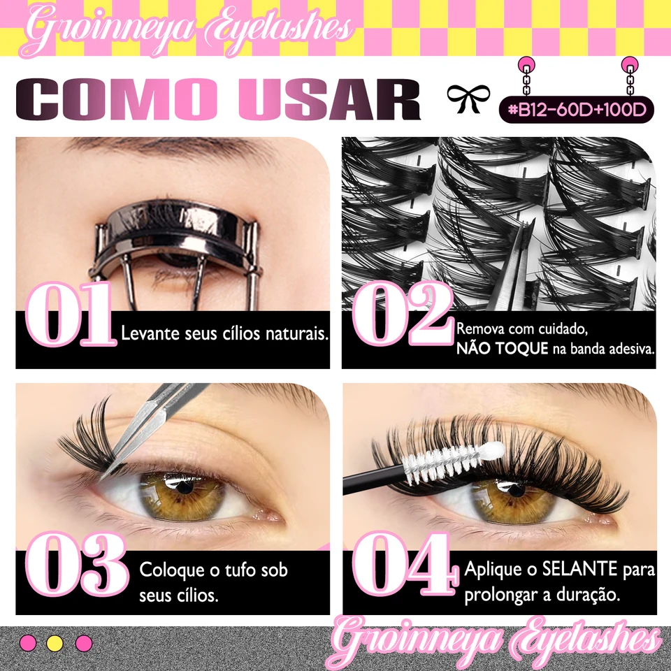 Racimos de pestañas GROINNEYA 540 piezas, 60D+100D, extensiones, 2 estilos mezclados, libro de pestañas, esponjosas ojo de gato, maquillaje 6