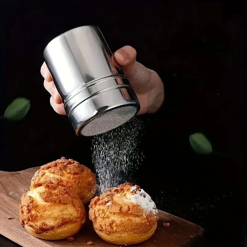 Powder Sugar Shaker Duster Dredges Stainless Steel Powder Sugar Shaker with Lid Mesh Shaker Powder Cans Jars Kitchen BBQ Tools