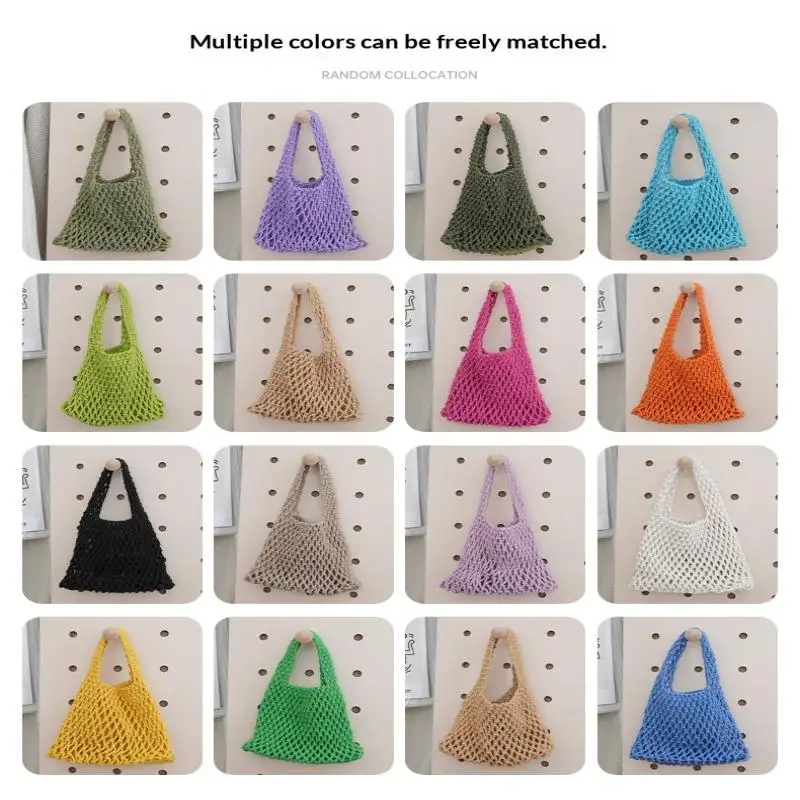 

【xxx】Knitted Handbag Hollowout Handmade Woven Shoulder Pouch Fresh Cotton Rope Colorful Large Capacity Mommy Bag School[S14]