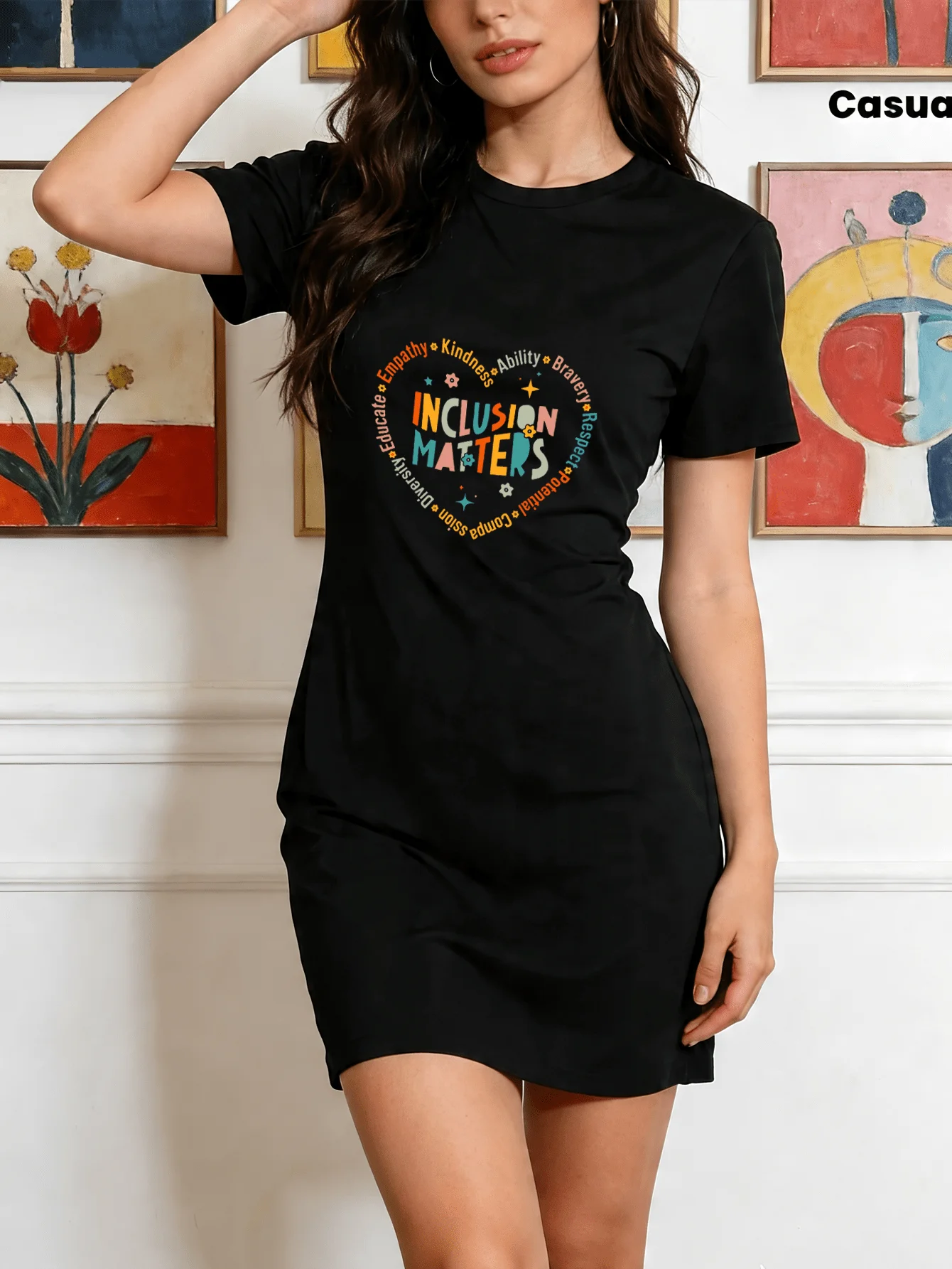 Womens Casual Crew Neck Heart Graphic T Shirt Dress