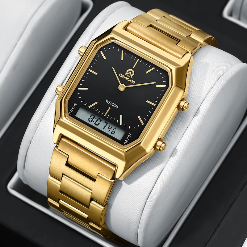 

Мужские винтажные деловые часы, наручные часы из нержавеющей стали с квадратным циферблатом и многофункциональным кварцевым цифровым дисплеем с двойным механизмом