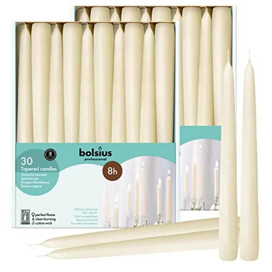 

Household Ivory Taper Candles - 10 Inch - Premium European Quality - 8 Hours Burn Time - Unscented Dripless and Smokeless Home
