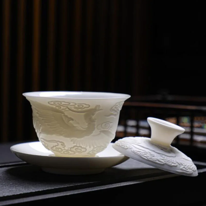 White Porcelain Relief Dragon Phoenix Auspicious Cloud Pattern Sancai Gaiwan Tea Tureen Kungfu Tea Infuser Bowl Kitchen Teaware