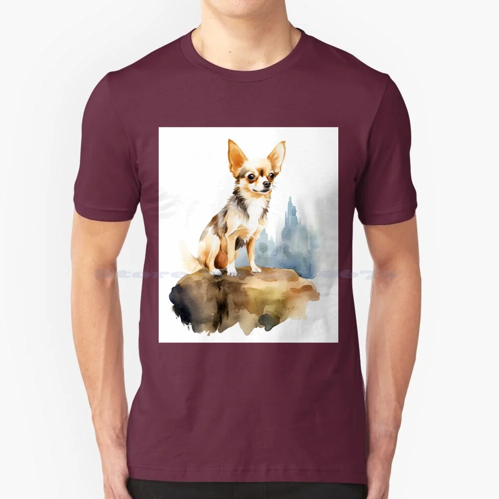 Gold Chihuahua Hillside Watercolor Art T Shirt 100% Cotton Tee Dog Cute Long Haired Chihuahua Adorable Watercolor Regal