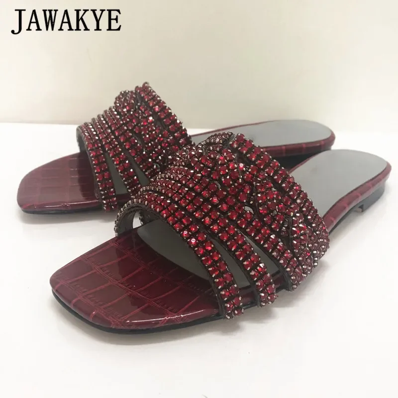 JAWAKYE Hollow Outs Rhinestone Slippers Women Open Toe Beach Flipflops Fashion Crystal Genuine Leather Summer Slides Shoes Woman