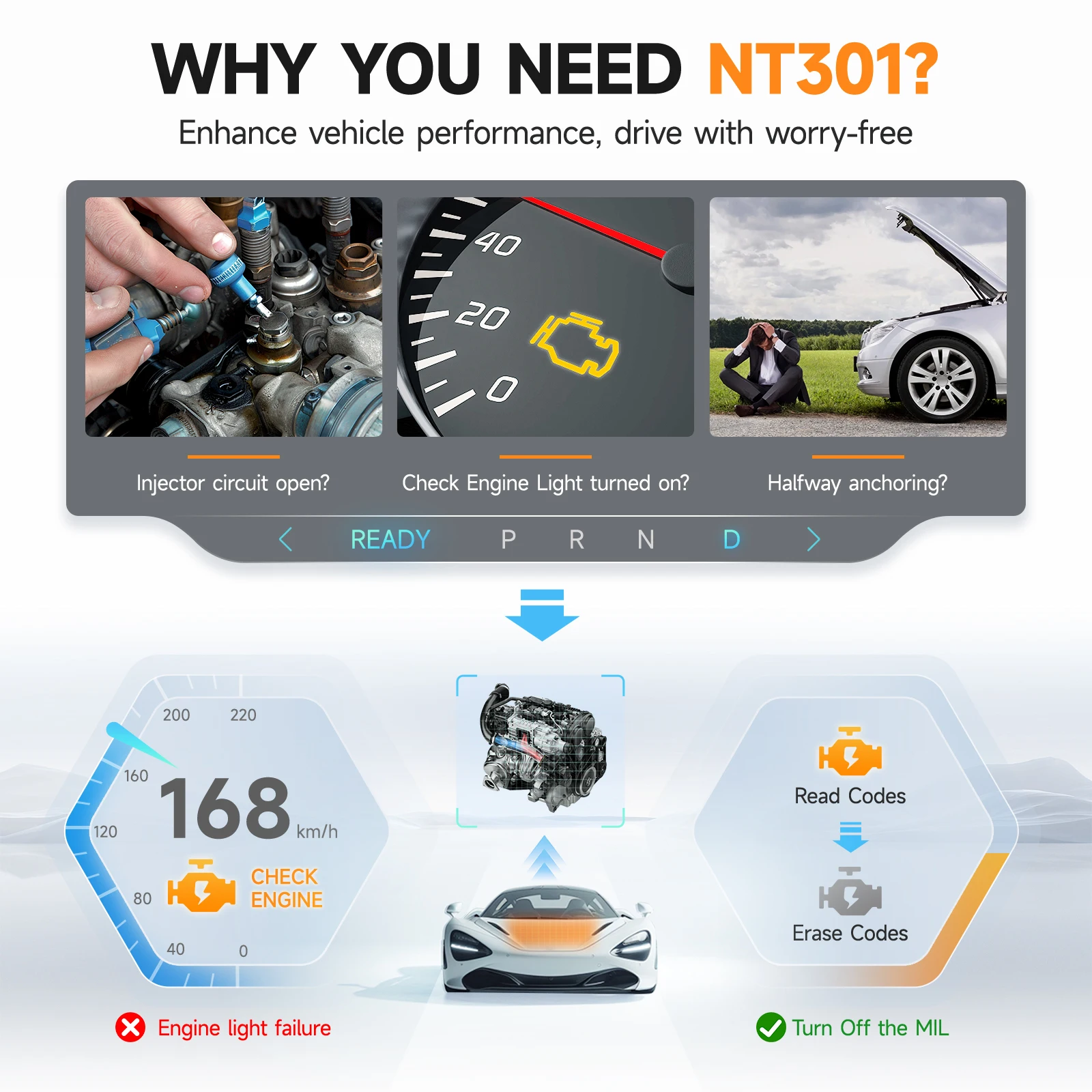 FOXWELL NT301 OBD2-Scanner für Live-Daten, professionelles Mechaniker-OBDII-Diagnosecode-Lesegerät für Check Engine Light I/M Readines – Detail 6